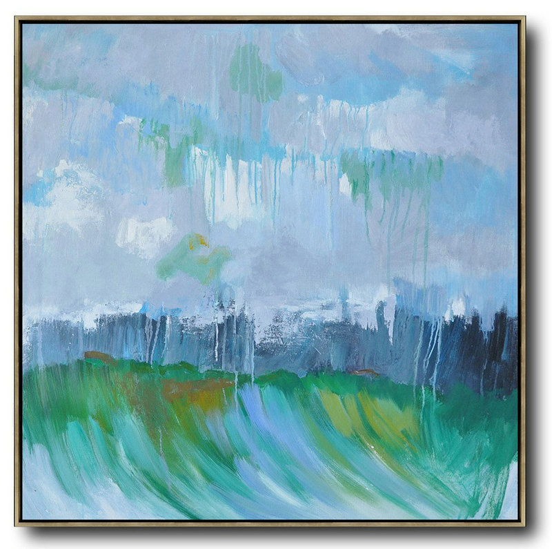Oversized Abstract Landscape Oil Painting,Large Living Room Wall Decor,Gray,Green,Dark Blue